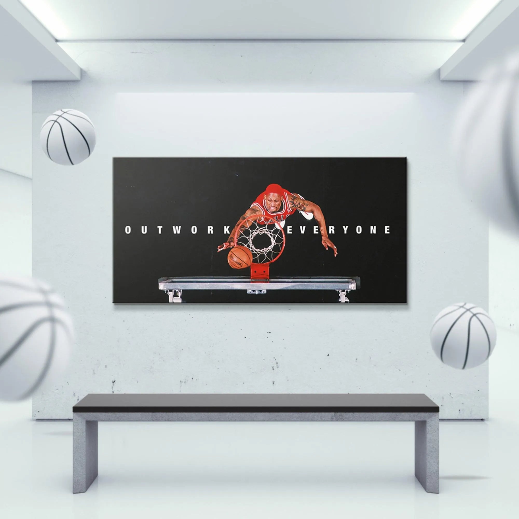 Lifestyle view of the framed wall art centered around the powerful Dennis Rodman - Outwork Everyone quote.