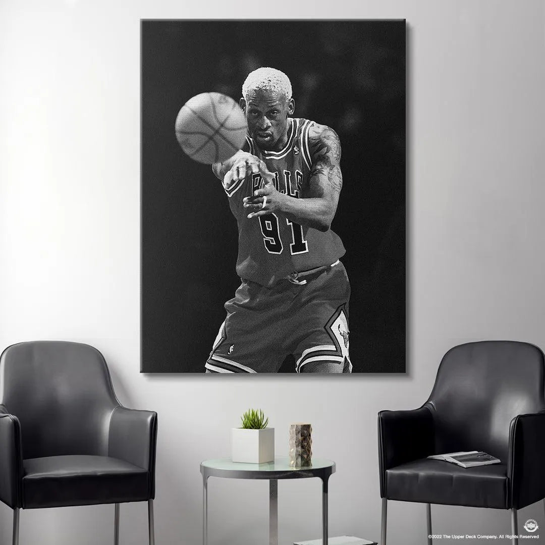 Sharp detail crop focusing on the Chicago Bulls number 91 on the jersey in the Dennis Rodman - Perspective image.