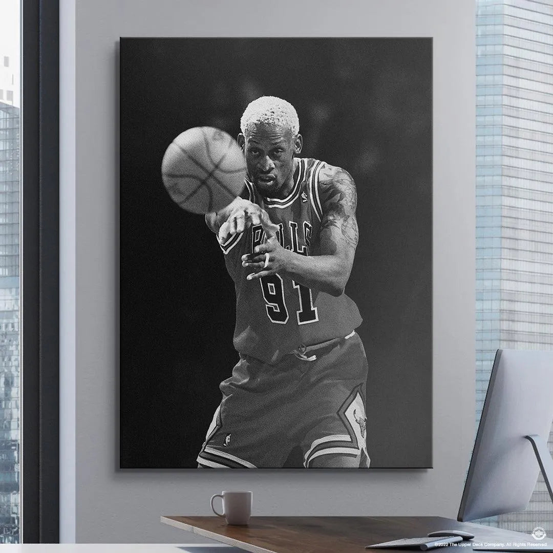 High-contrast monochrome photography example of the wall art titled Dennis Rodman - Perspective.