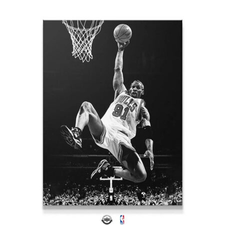 Full vertical view of the iconic Dennis Rodman - Pose print, highlighting the entire canvas composition and height.