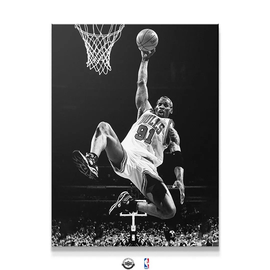 Full vertical view of the iconic Dennis Rodman - Pose print, highlighting the entire canvas composition and height.