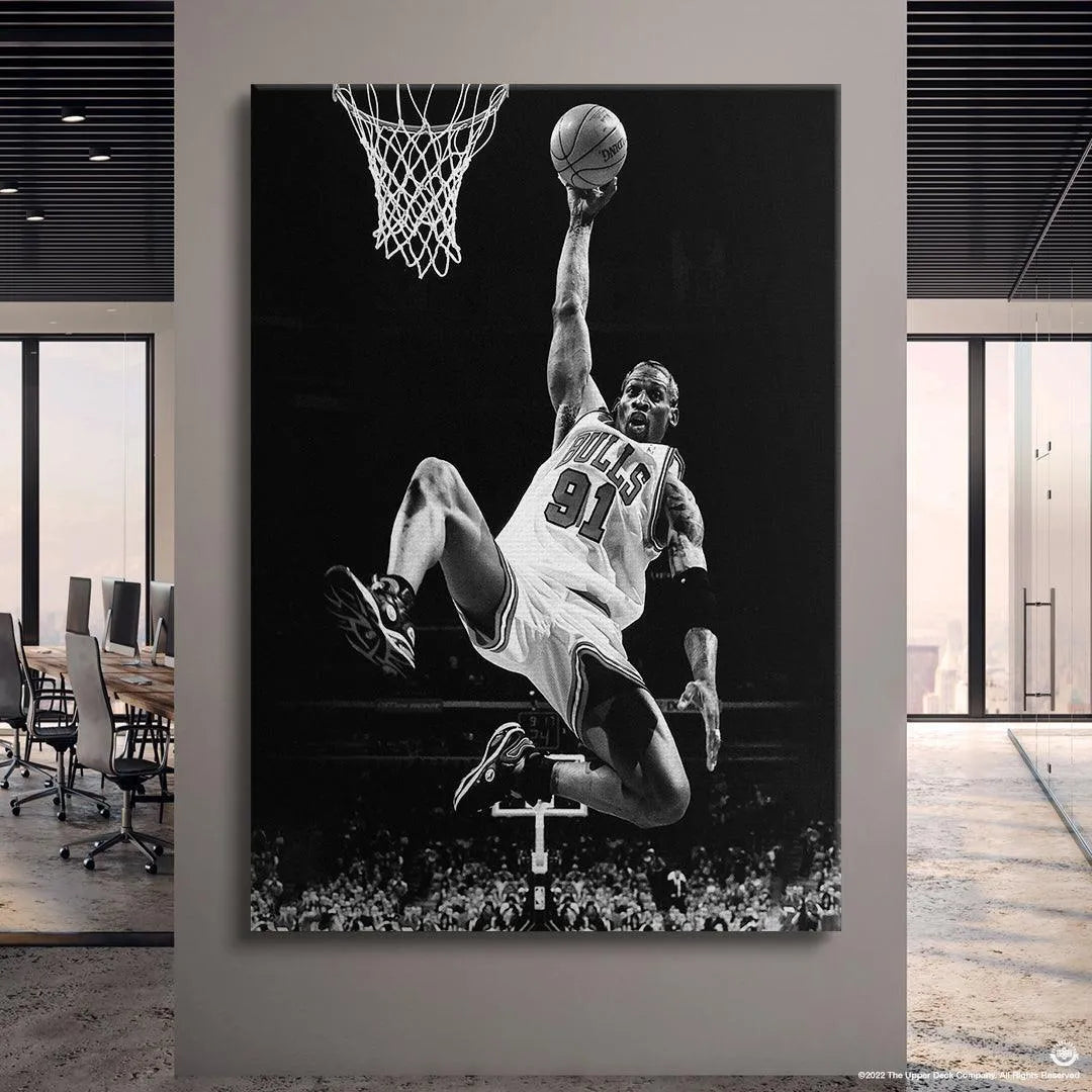 Lifestyle image demonstrating the large scale of the Dennis Rodman - Pose artwork displayed in a modern living room setting.