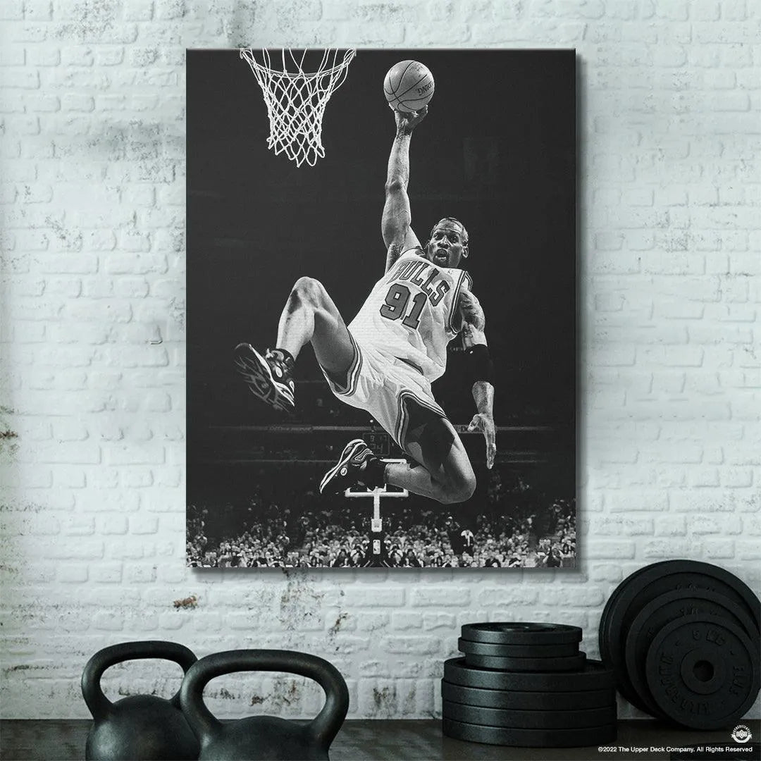 Black and white aesthetic detail showcasing the contrast and dramatic shading of the Dennis Rodman - Pose photograph.