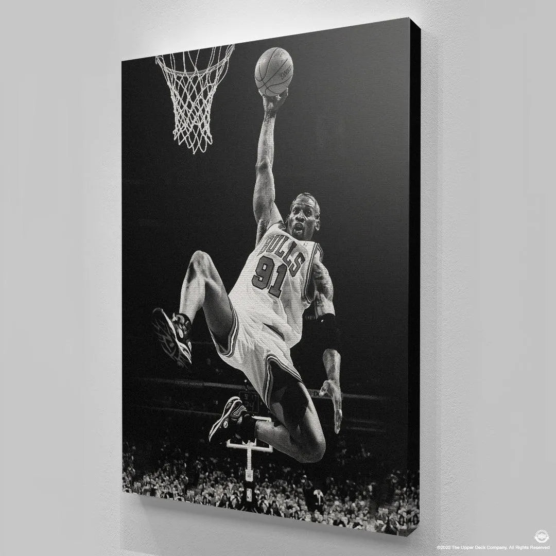 Corner perspective focusing on the high-quality edges of the wrapped canvas featuring the Dennis Rodman - Pose.