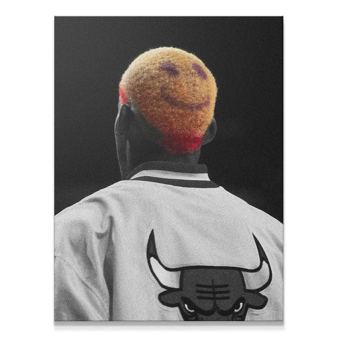 Close-up of Dennis Rodman - Smile haircut featuring the purple smiley face dye.
