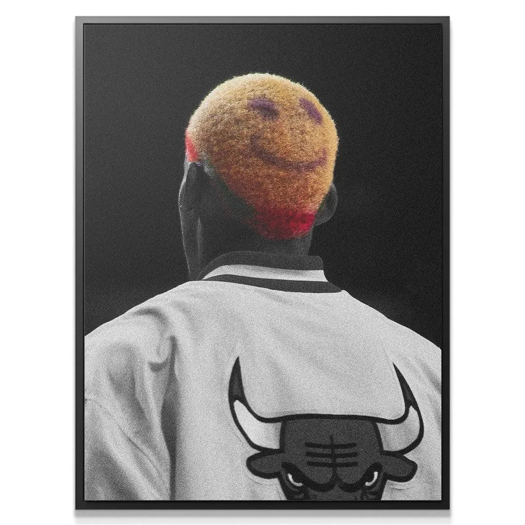 High-contrast rear view canvas print of Dennis Rodman - Smile wearing the Chicago Bulls jacket.
