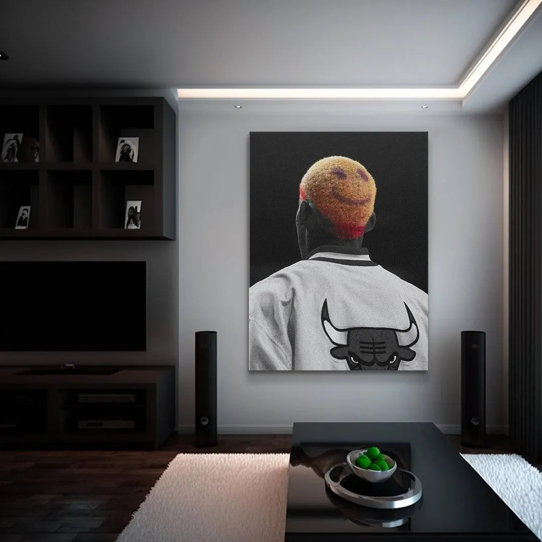 Lifestyle view of the framed 'Dennis Rodman - Smile' artwork hanging on a minimalist wall.