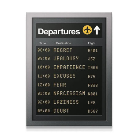 Full view of the motivational airport Departures board art print on a white background.