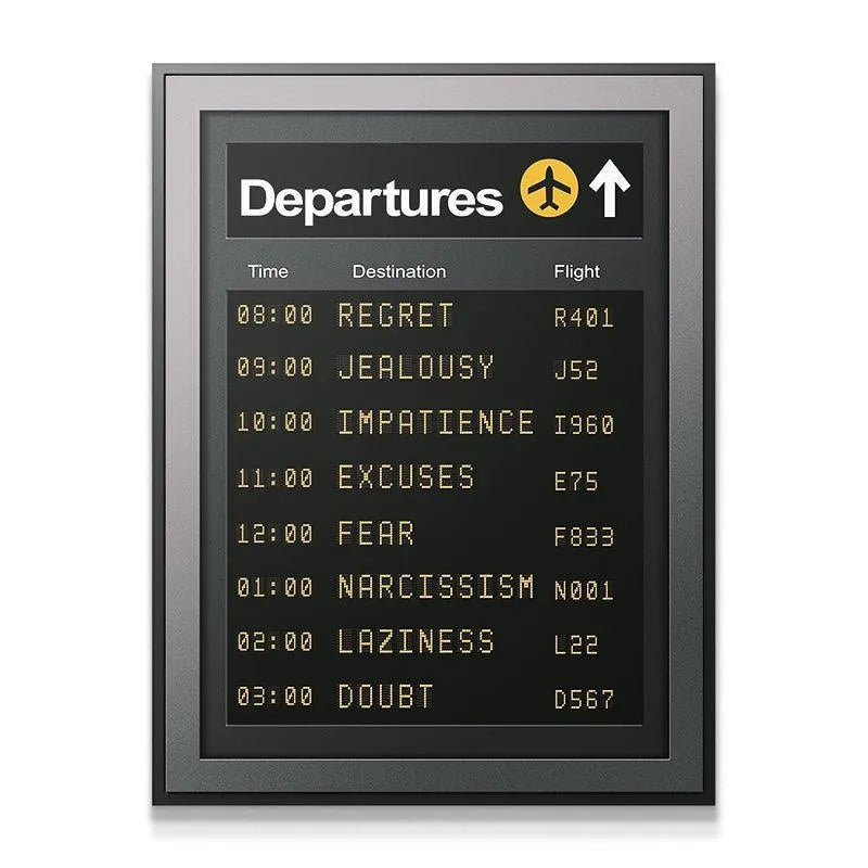 Close-up detail of the flight destination 'Regret' listed prominently on the Departures screen.