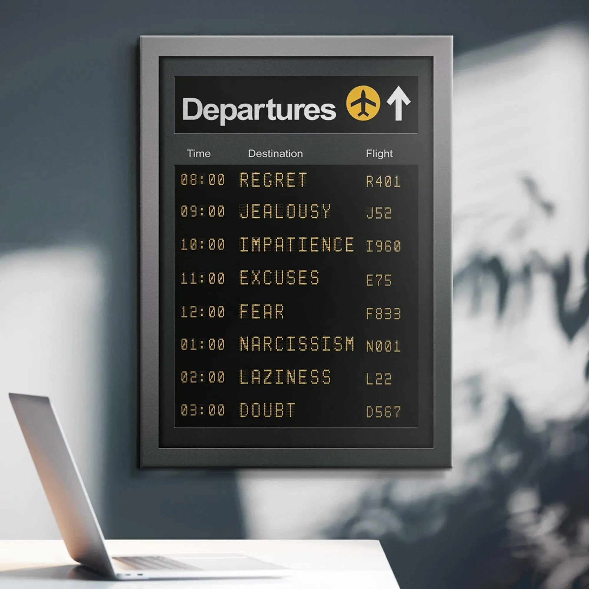 Angled shot showcasing the metallic gray frame around the central black panel of Departures.