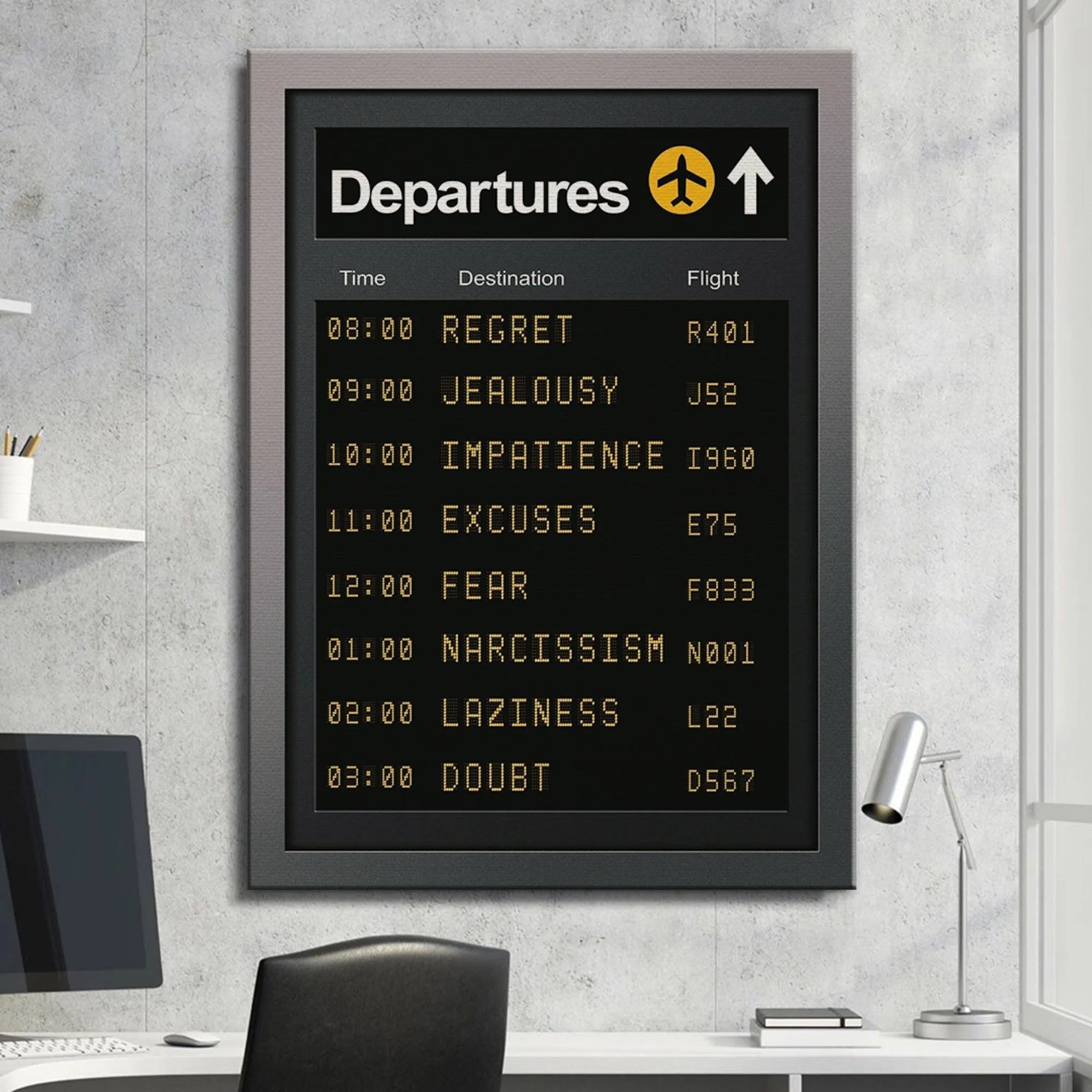 High-resolution detail of the Time and Destination columns of the insightful 'Departures' schedule.