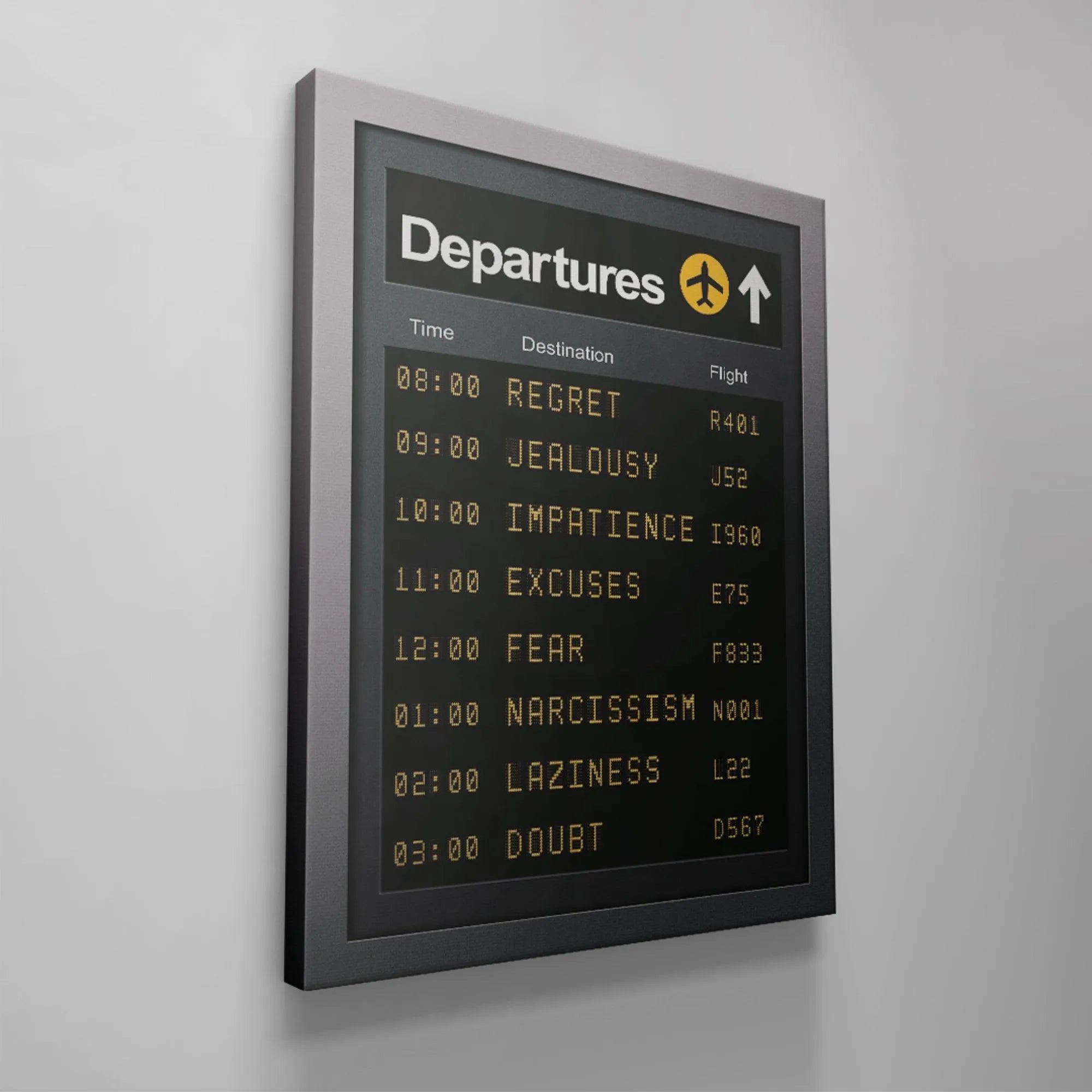 Detailed crop of 'Fear' and 'Excuses' entries on the daily psychological Departures list.