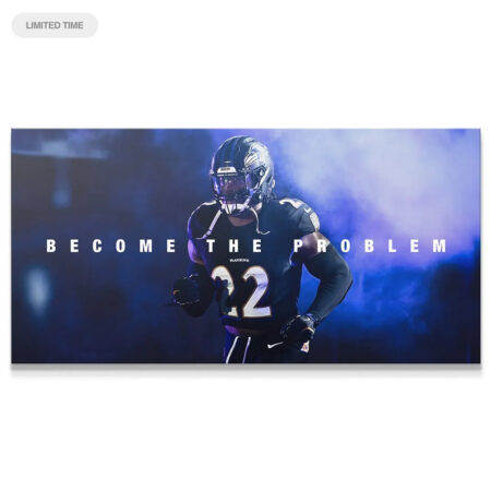 Derrick Henry - Become The Problem: Full horizontal view of Henry in Ravens jersey 22 running through blue fog.