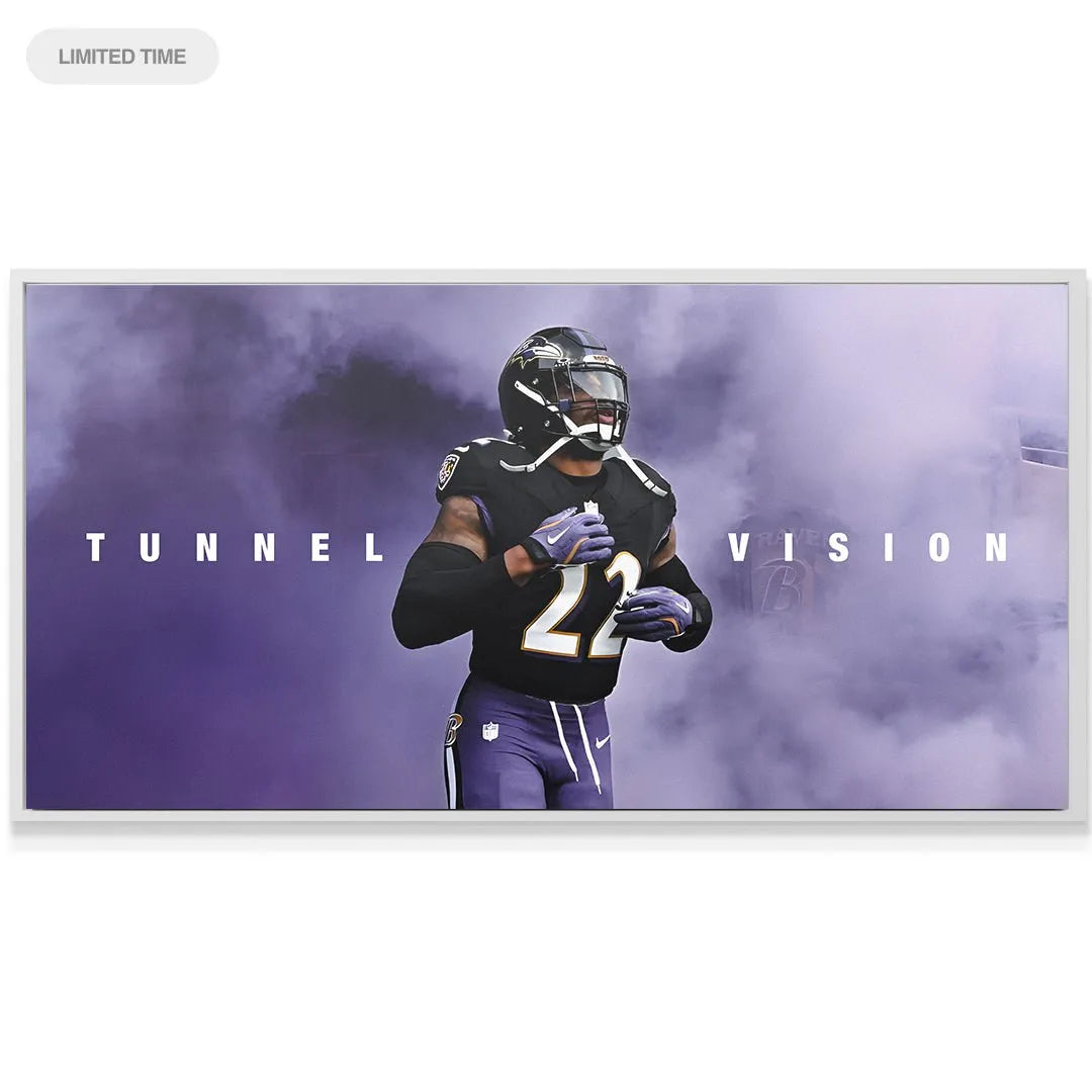Side profile perspective of Derrick Henry - Tunnel Vision emerging from heavy purple smoke.