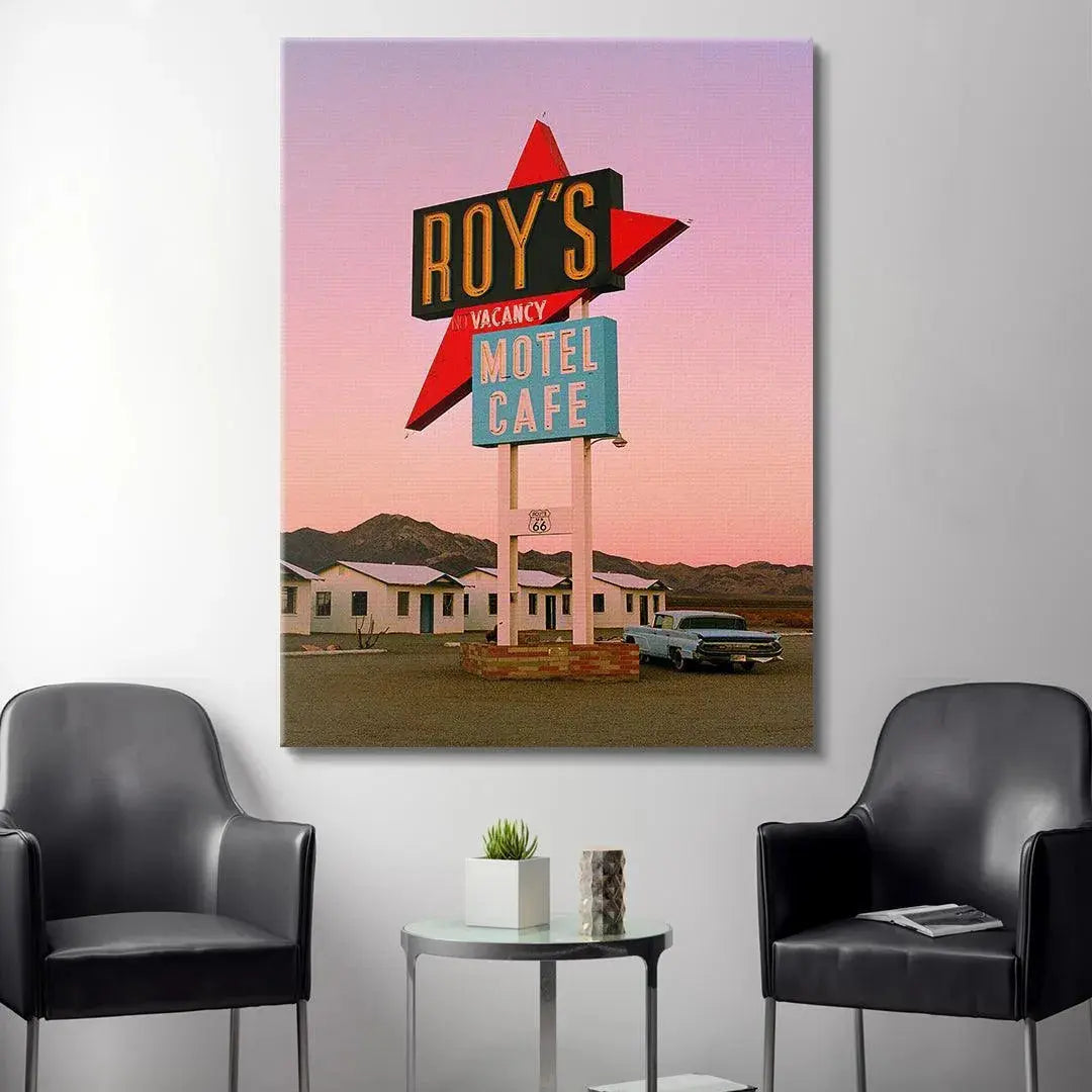 Landscape view of the Mojave Desert mountains visible behind the Roy's Motel complex in 'Desert Dreams'.