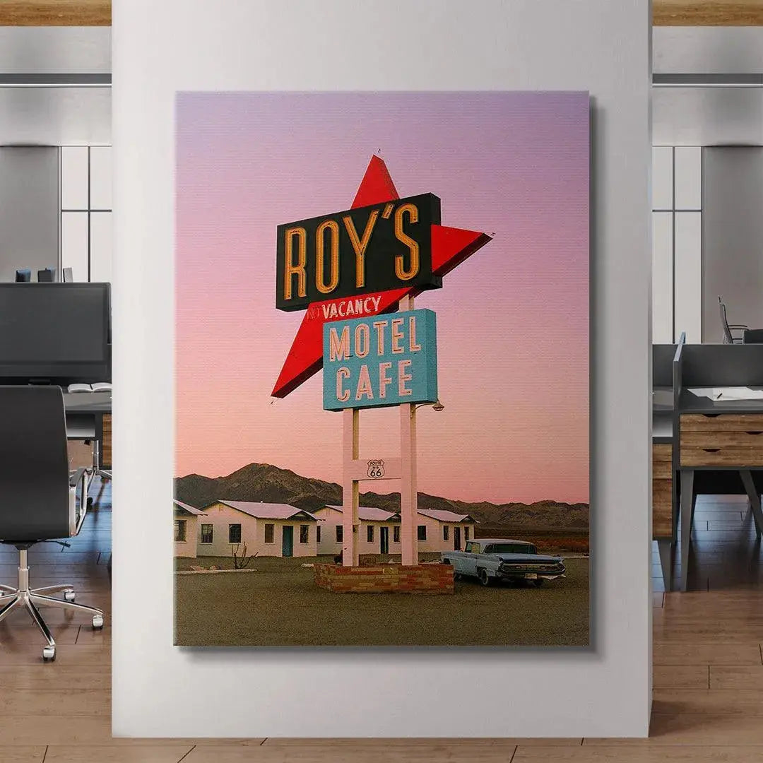 Atmospheric lighting detail focusing on the deep saturated reds and blues of the sign in the 'Desert Dreams' artwork.