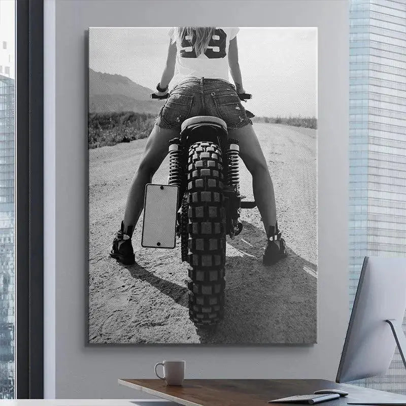 Black and white lifestyle photography showing the powerful stance of the 'Desert Rider' on a dirt trail.