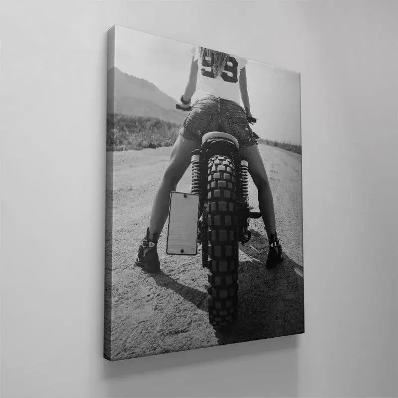 Monochrome print focusing on the raw energy of the open road journey of the 'Desert Rider'.