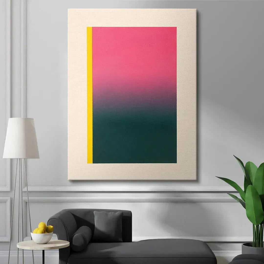 Lifestyle photo of 'Desire' hanging above a modern minimalist sofa in a living room setting.