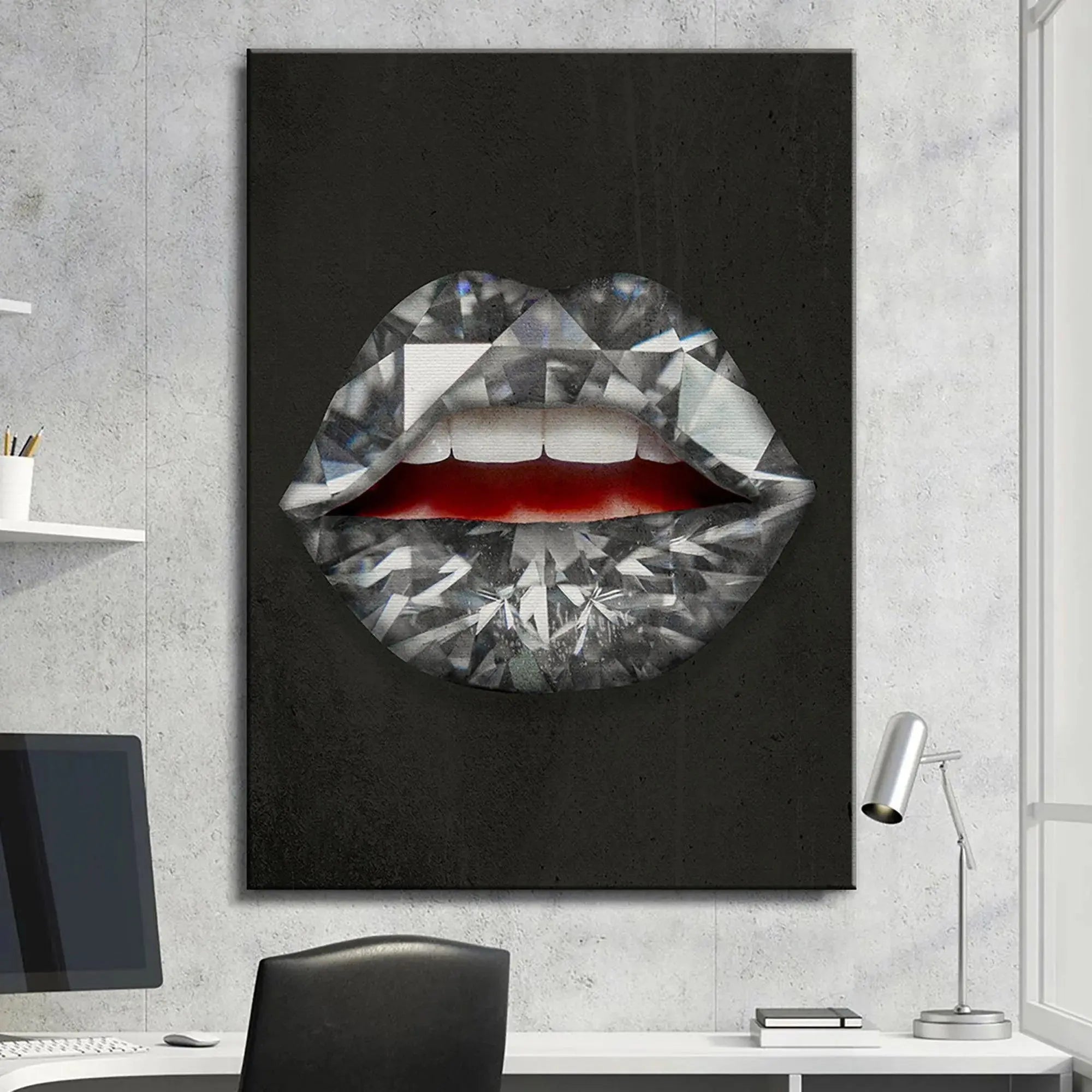 Stylized living room setting featuring the dramatic large-format Diamond Lips art above a velvet sofa.
