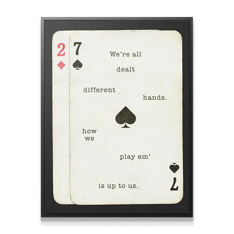 Full overhead view of the framed 'Different Hands' motivational poster featuring the 7 of Spades.