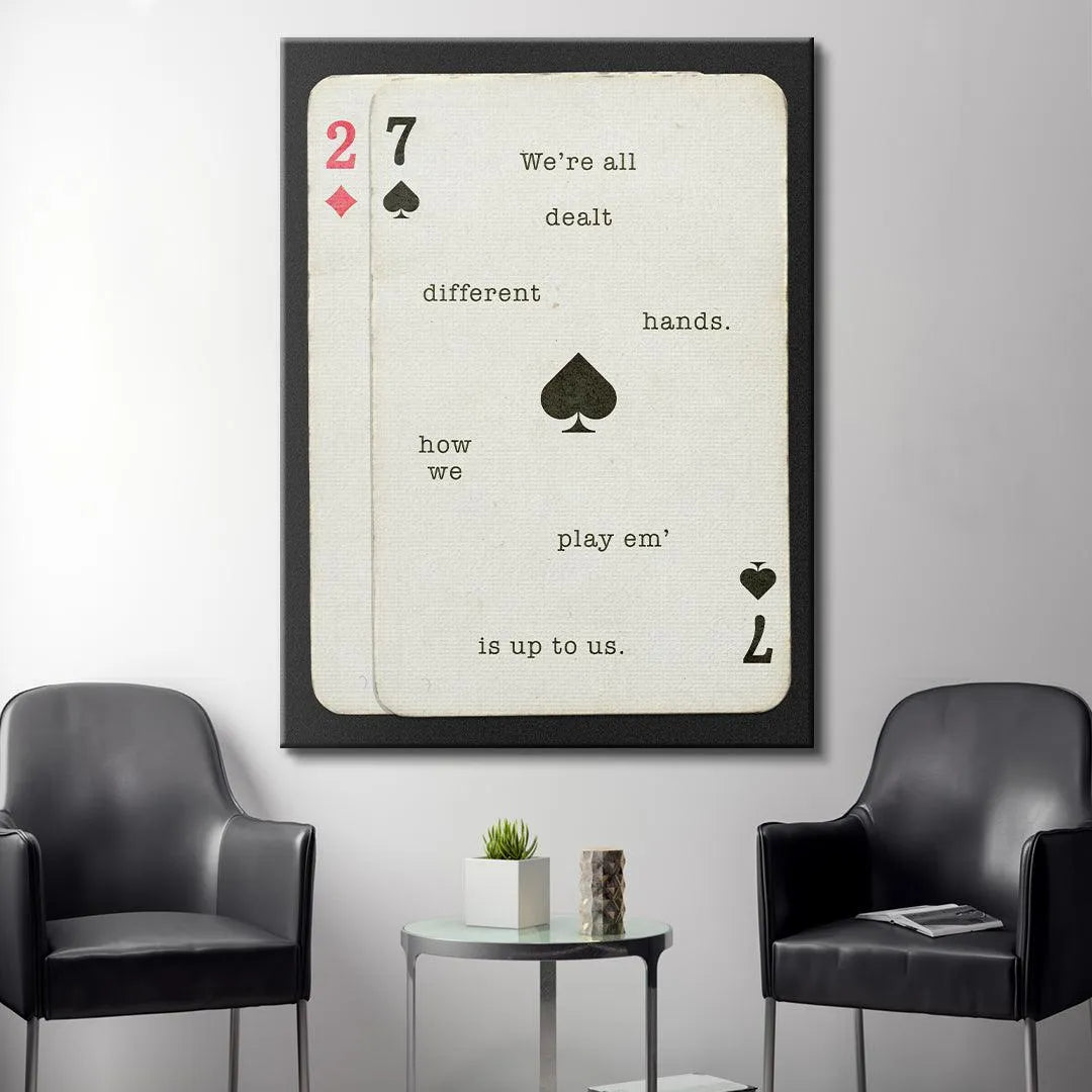 Lifestyle context shot of the 'Different Hands' print hanging in a bright, modern office setting.