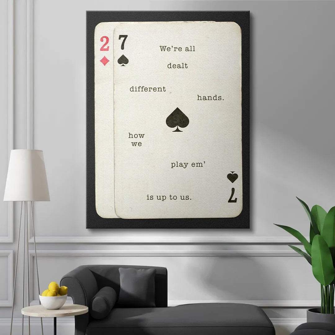 Detail of the red diamond suit mark and the '2 7' corner numbering on the 'Different Hands' card print.