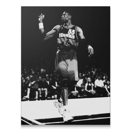 Full-body shot of Dikembe Mutombo - #1 standing confidently on the court, black and white aesthetic.