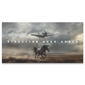 Direction Over Speed motivational canvas featuring a running horse kicking up desert dust.