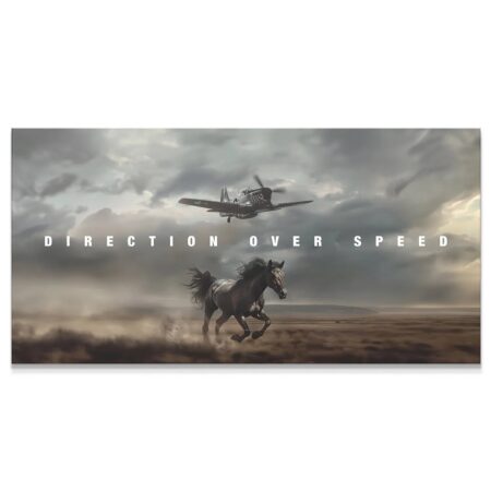 Direction Over Speed motivational canvas featuring a running horse kicking up desert dust.