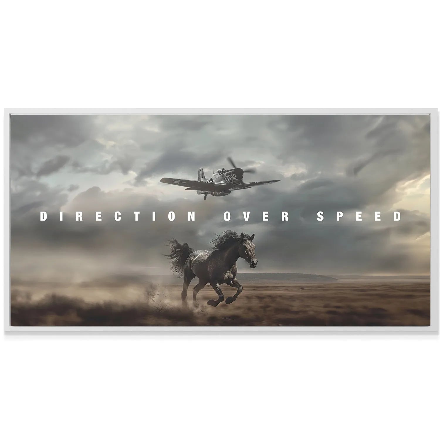 Panoramic view of the Wild Horse and P-51 Mustang artwork emphasizing 'Direction Over Speed'.