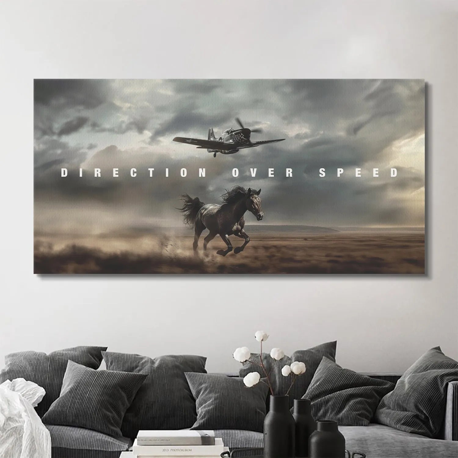 Angled shot of the large format 'Direction Over Speed' print mounted on a modern office wall.