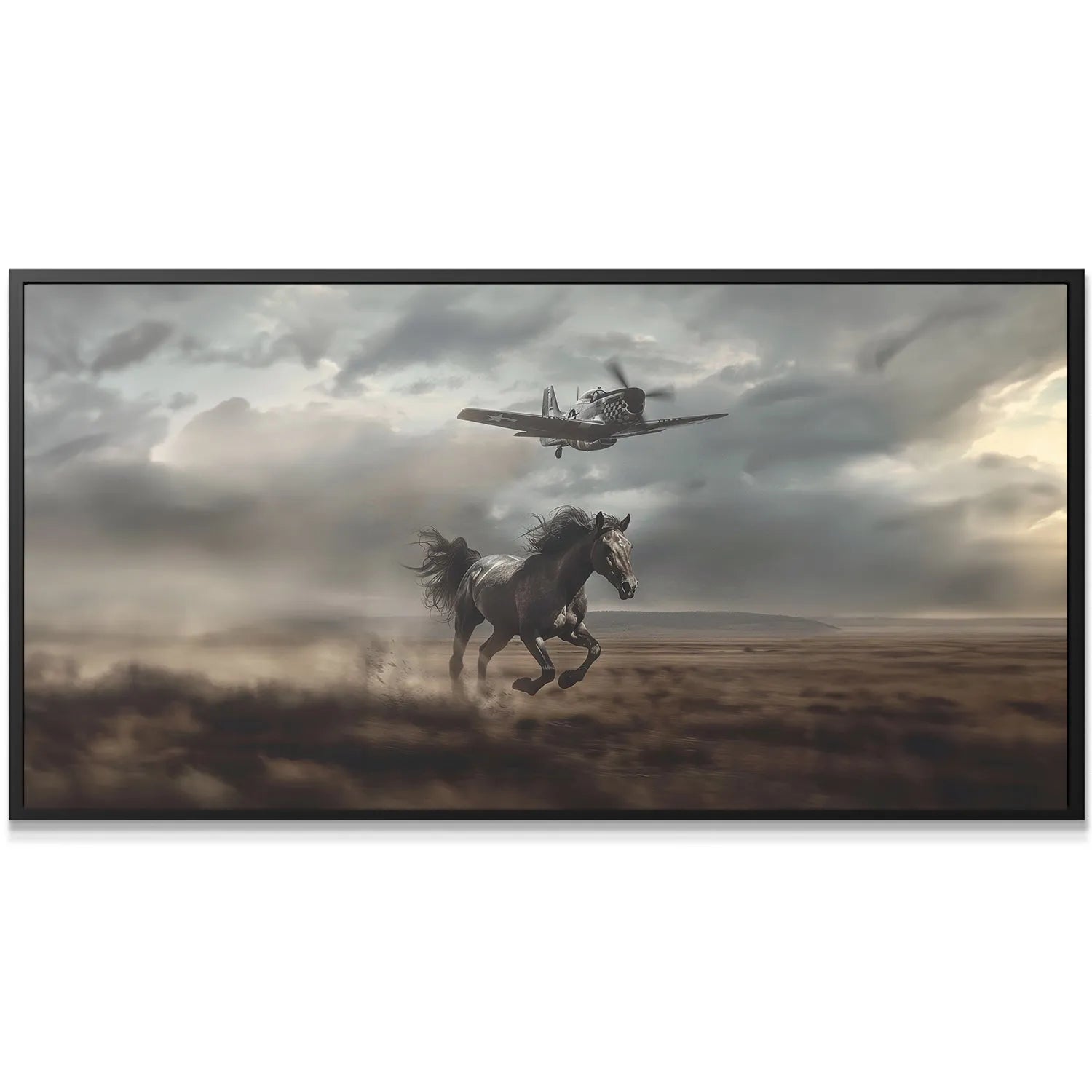 Wide shot of the panoramic canvas print featuring the wild mustang and vintage aircraft for 'Direction Over Speed - No Quote'.