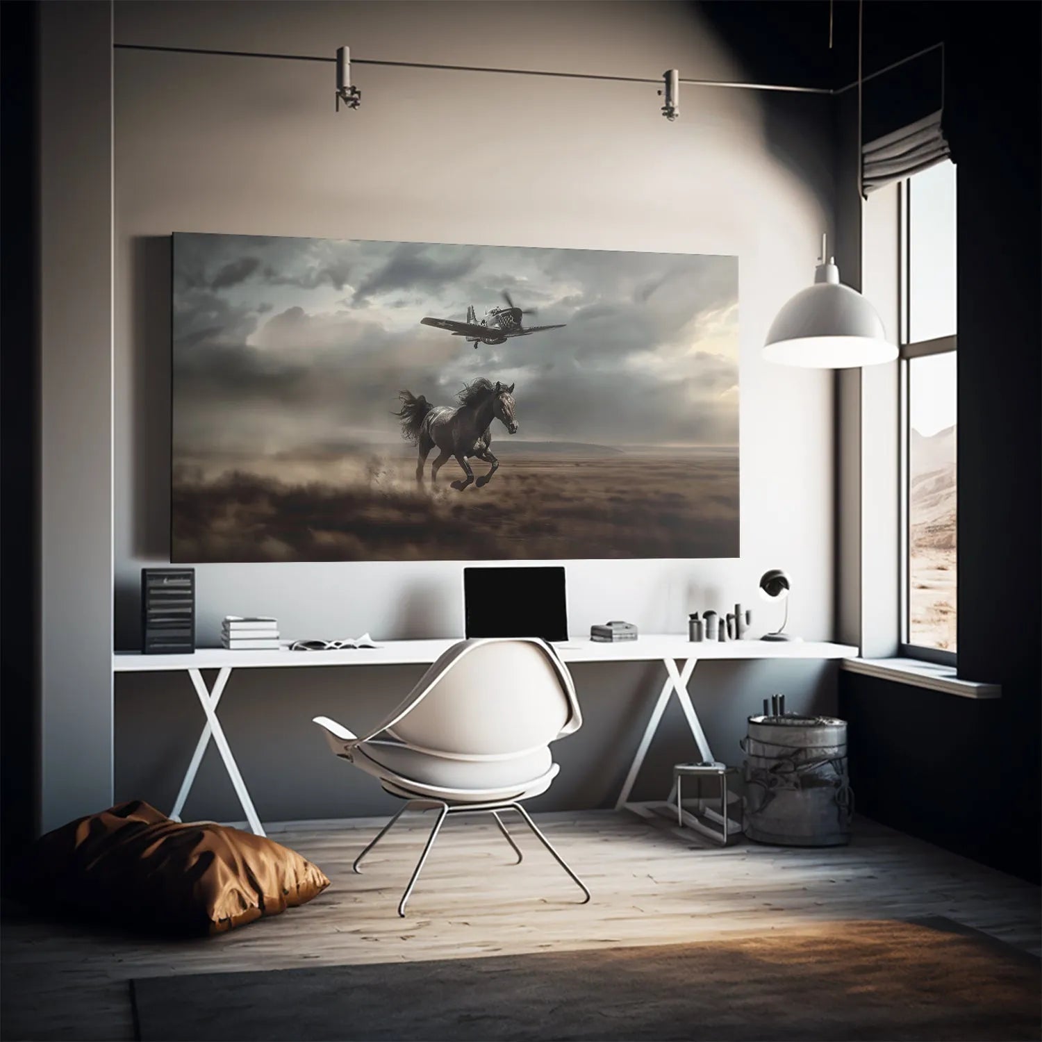 Texture detail highlighting the rugged terrain and blurred motion of the wild chase print, 'Direction Over Speed - No Quote'.
