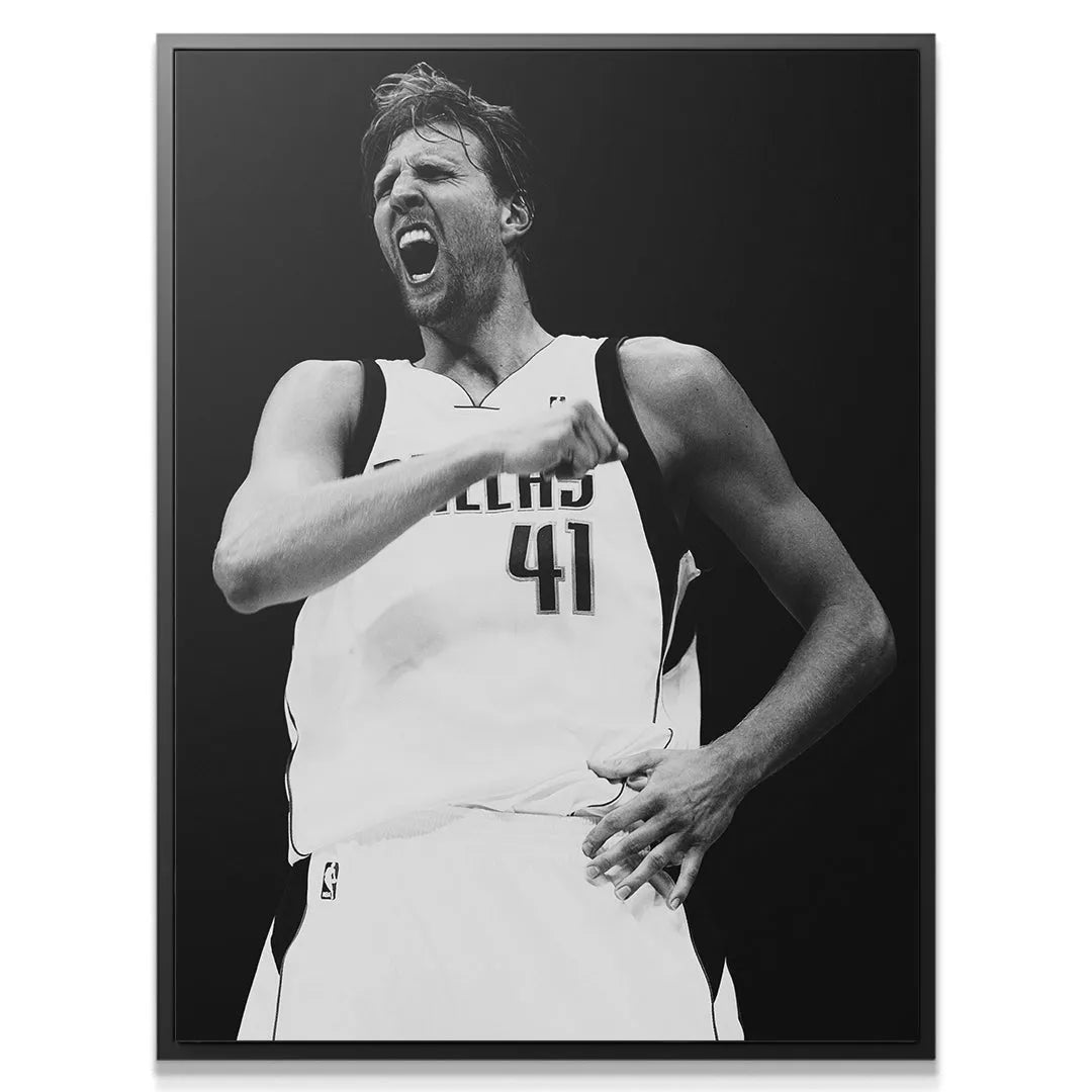 Black and white canvas print showing the raw emotion of Dirk Nowitzki - #1.