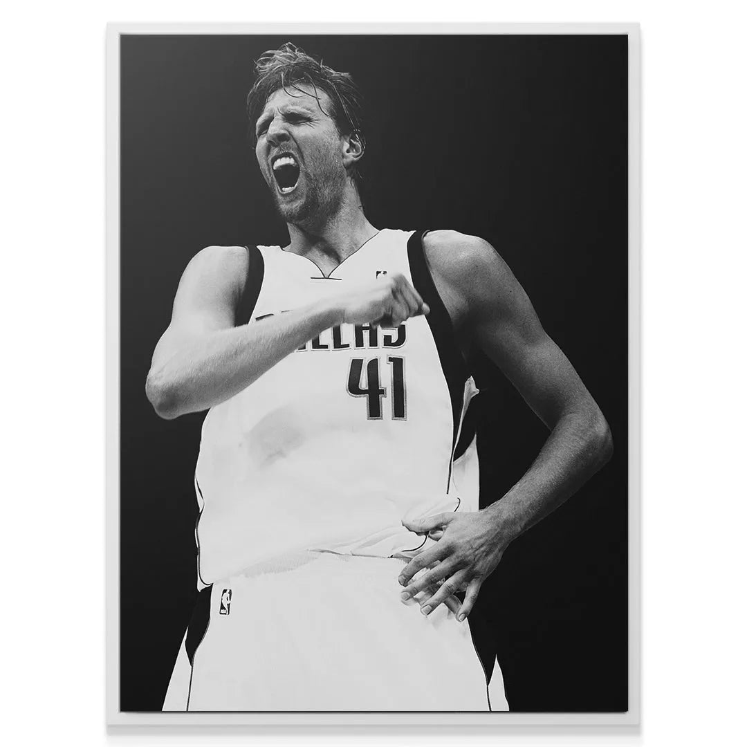 Full frame view of Dallas Mavericks legend Dirk Nowitzki - #1 yelling in triumph.