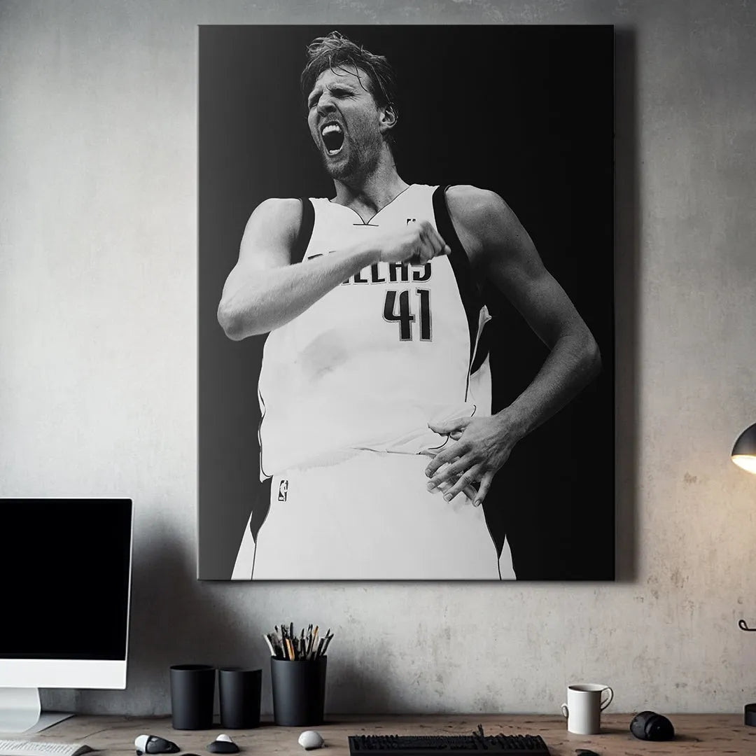 High contrast action shot of basketball star Dirk Nowitzki - #1 jersey number 41 visible.