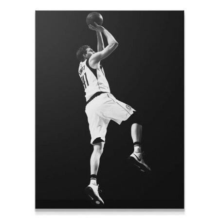 High-contrast, dramatic black and white print featuring Dirk Nowitzki - #4 mid-fadeaway shot.