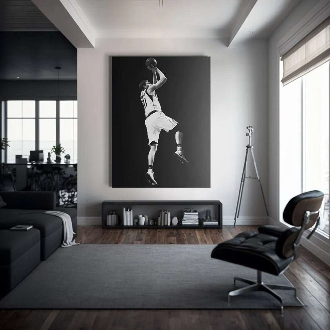 Lifestyle mock-up of the framed collectible poster of Dirk Nowitzki - #4 displayed in a modern sports den.