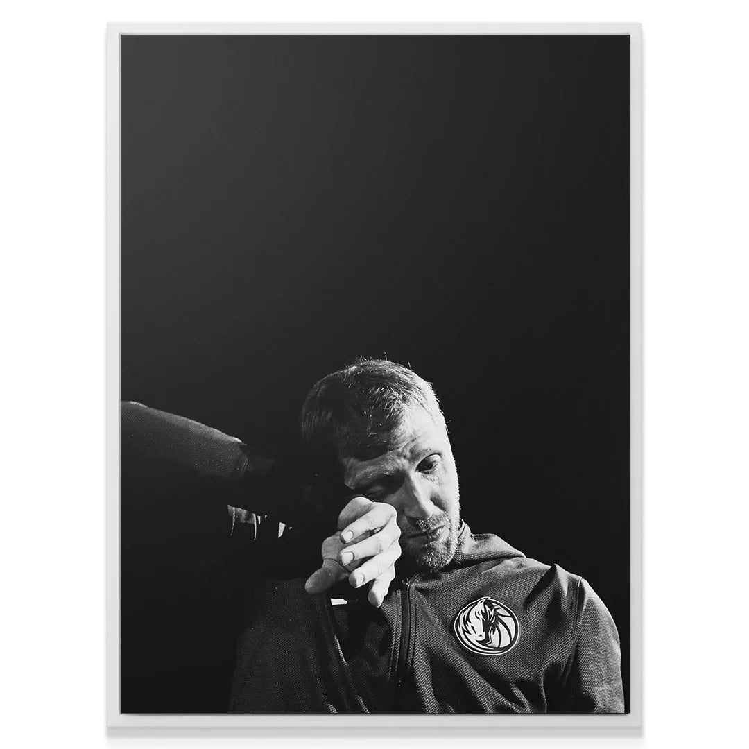 Monochromatic black and white fine art print featuring the emotional look of Dirk Nowitzki - #5.