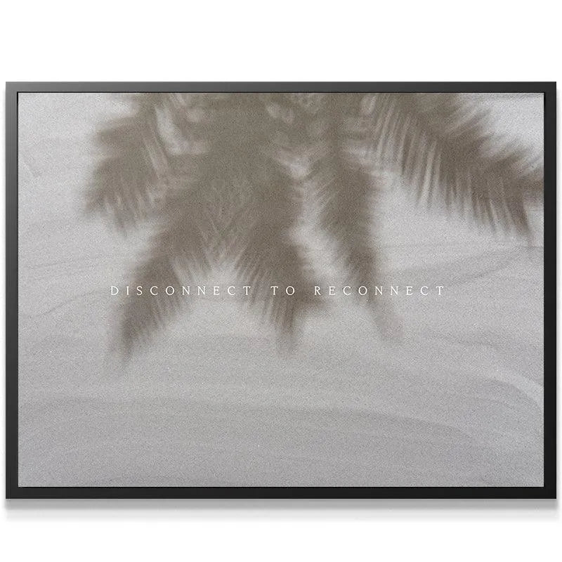 Close-up detail showing the soft, grainy texture of the sand backdrop in the 'Disconnect To Reconnect' print.