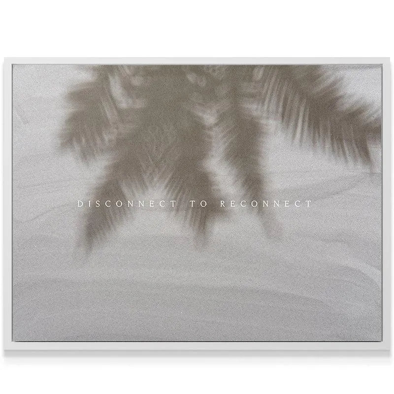 Dramatic silhouette of a single palm frond overlaying the inspiring 'Disconnect To Reconnect' artwork.
