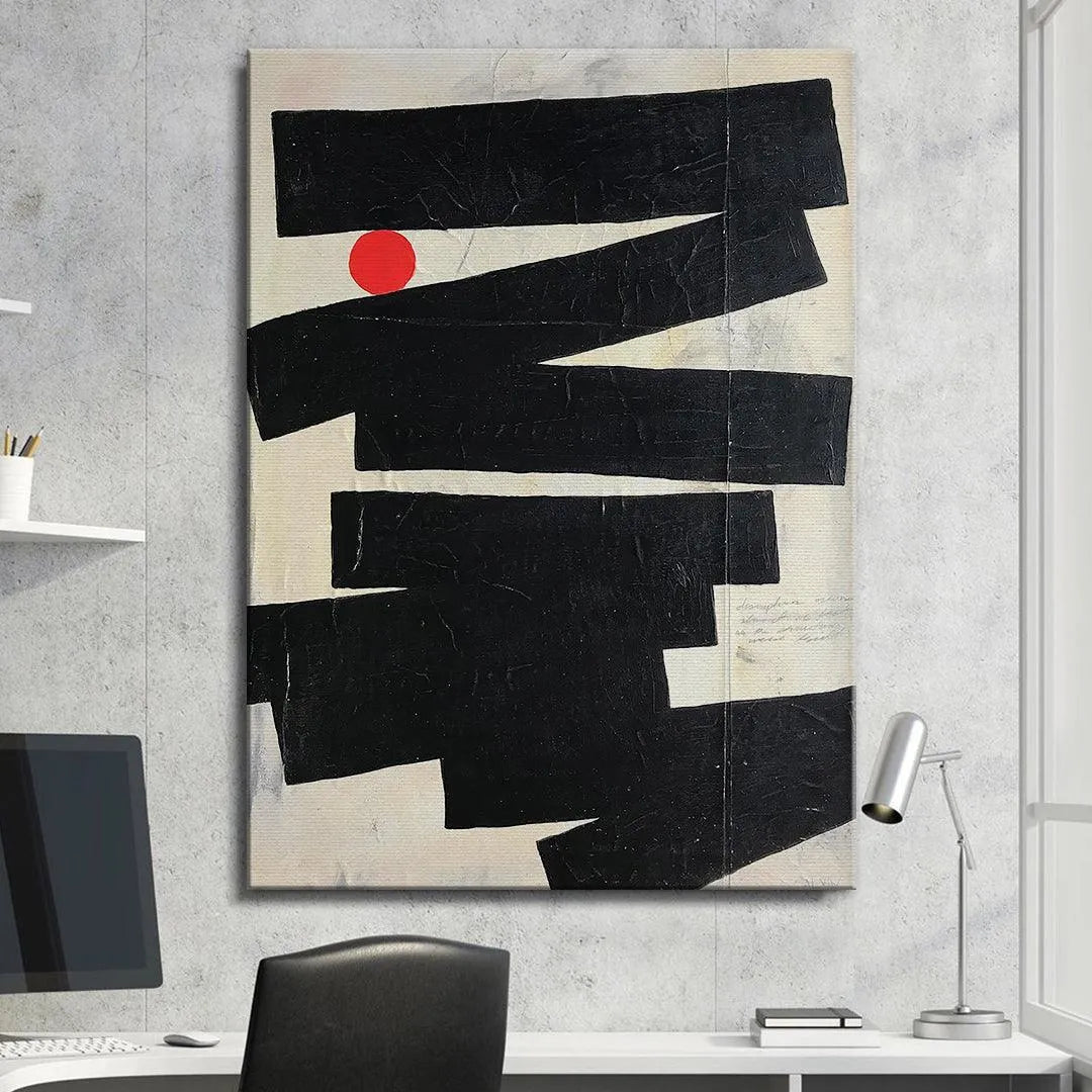 Focus on the singular red circular element that creates the focal point in 'Disrupt'.