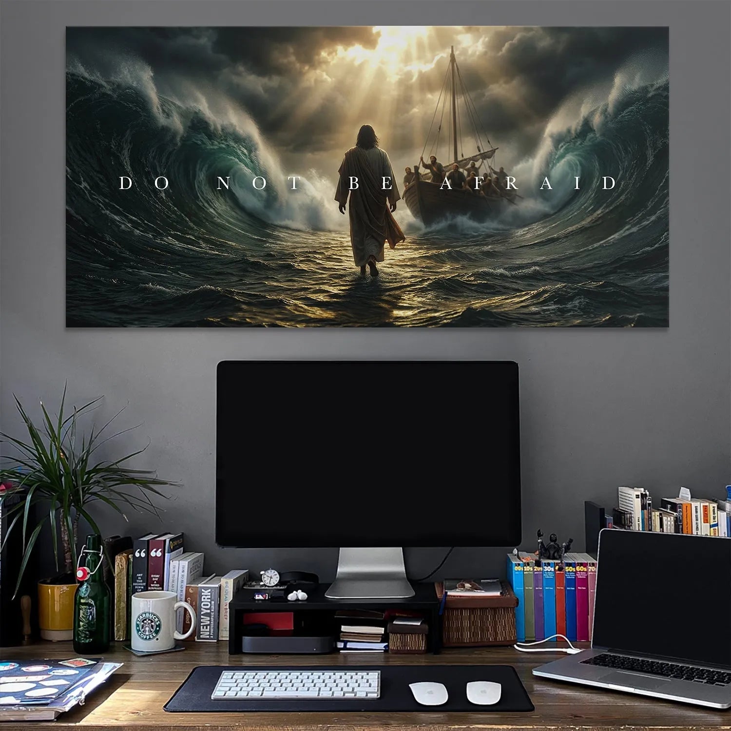 Lifestyle view of the large inspirational religious canvas hanging in a modern living room setting, proclaiming 'Do Not Be Afraid'.