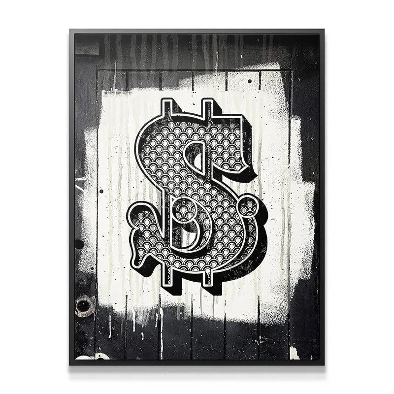 Street art canvas featuring the contrasting black and white textured Dollar Sign against a graffiti background.