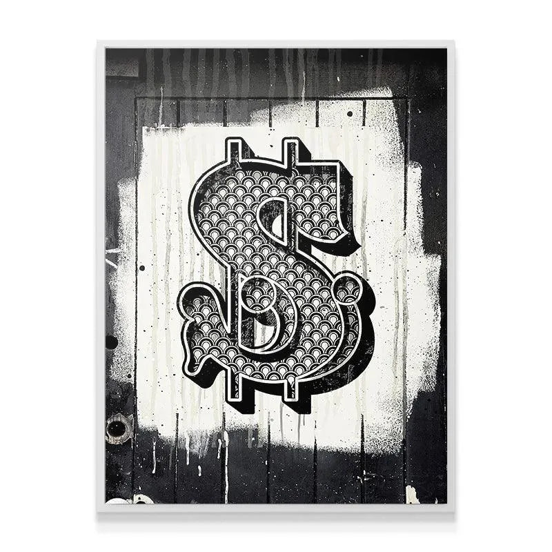 Corner detail shot emphasizing the spray paint drips surrounding the iconic monetary Dollar Sign symbol.