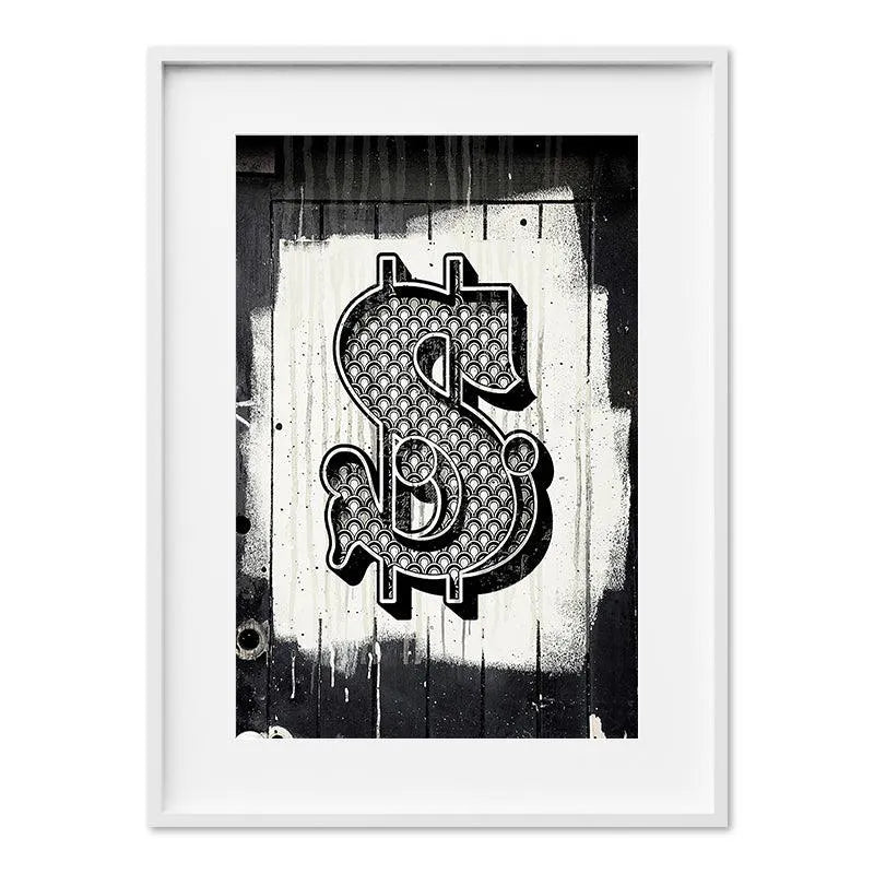 Overhead angle showcasing the depth and dimension of the layered black and white Dollar Sign print.