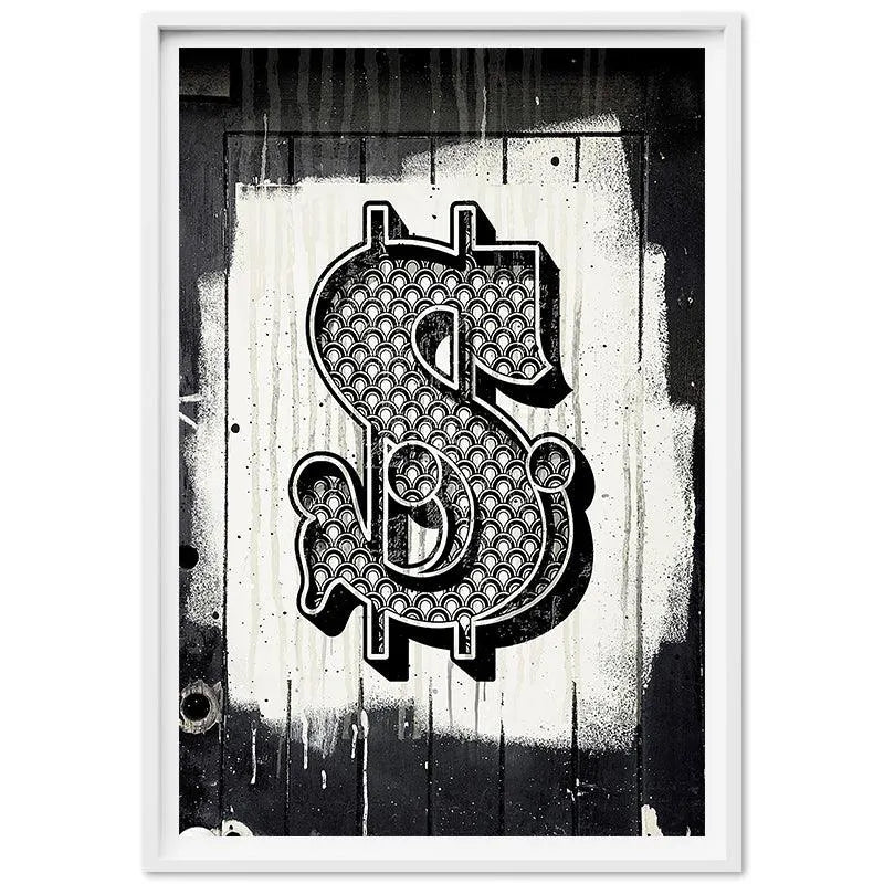 High-contrast, monochromatic representation of the large format urban-style Dollar Sign art piece.