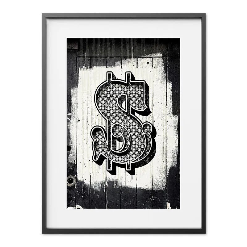 Full view of the distressed, gritty graffiti background framing the central stylized Dollar Sign symbol.