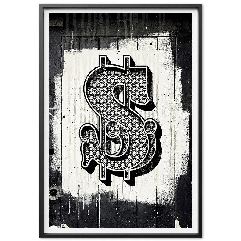 Textural view capturing the matte finish and intentional imperfections of the printed Dollar Sign artwork.